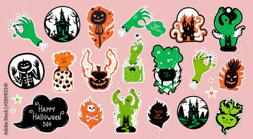 Halloween sticker pack set  elements, badges, magnets, scrap booking. Stickers with ghost, Jack o lantern, pumpkin, turnips, zombie hands, magic cauldron  with Happy Halloween lettering title. Vector