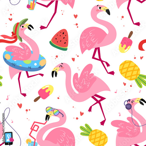 Seamless pattern with cartoon flamingos. Summer tropical vector texture on a white background. Background for a children's book, print, poster, stickers, fabric, wrapping paper.