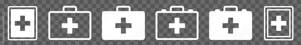 Fototapeta premium First Aid Kit Icon White | Emergency Box Illustration | Medical Help Symbol | Paramedic Bag Logo | Cross Sign | Isolated Transparent | Variations