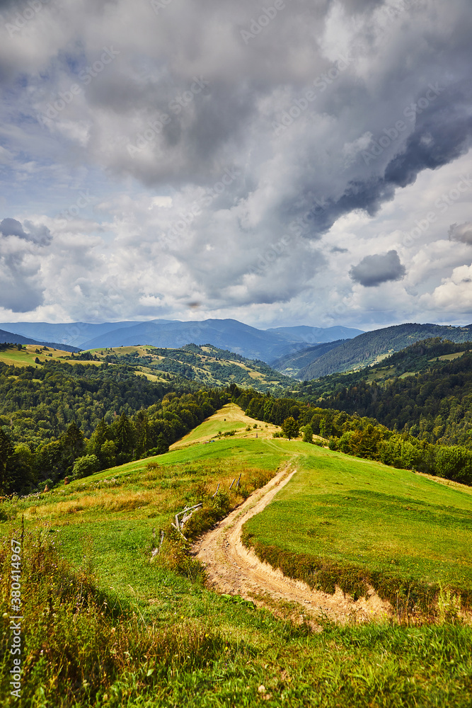 Naklejka premium View from the Synevyr pass to the mountains in National Natural Park Synevir, Mizhhirya district of the Transcarpathian region, Ukraine