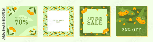 Set of autumn theme templates for social media, mobile apps, banners, ads. Green abstract square art templates with floral elements, pyracantha berries, leaves.