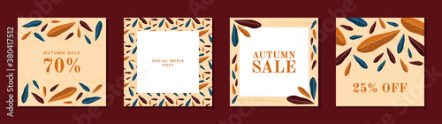 Set of autumn theme templates for social media, mobile apps, banners, ads. Brown abstract square art templates with floral elements, colorful pyracantha leaves.