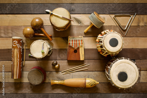 Fototapeta Overhead of hand drums and other percussion instruments