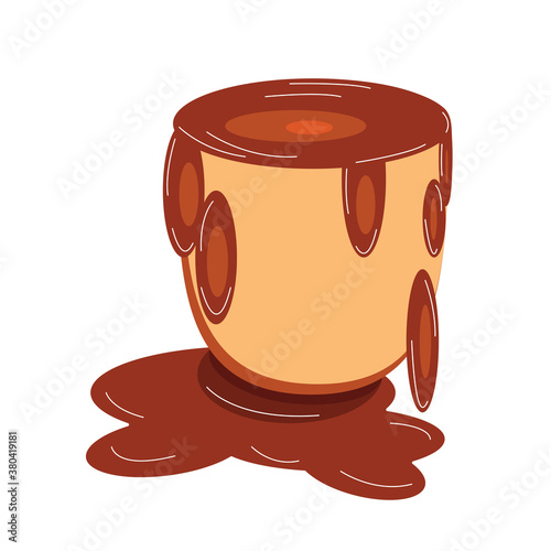 Cup of coffee with drops and coffee puddle. Abstract vector illustration of a hot drink in a mug. Good morning. Breakfast. Illustration for cafe, shop, drinks menu. Flat vector cappuccino, americano.