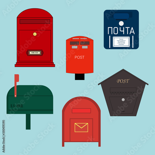 Set of vintage classical mailboxes. European, Russian, American mail service.  Letterboxes isolated collection. Vector icons in flat style. World post day.