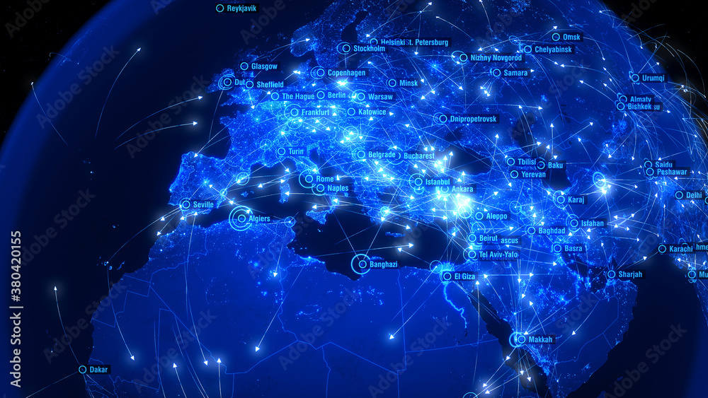 Fototapeta premium Global Communications over Asia and Europe. Arrows Fly Among Cities. Global Connections. Flight Paths. 3D Rendering. City Names: Warsaw, Moscow, Vienna, Copenhagen, Baku, Kabul, Karachi, Delhi.