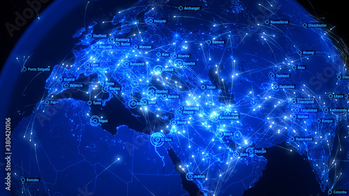 Global Communications over Asia and Europe. Arrows Fly Among Cities. Global Connections. Flight Paths. 3D Rendering. City Names: Warsaw, Moscow, Vienna, Copenhagen, Baku, Kabul, Karachi, Delhi.