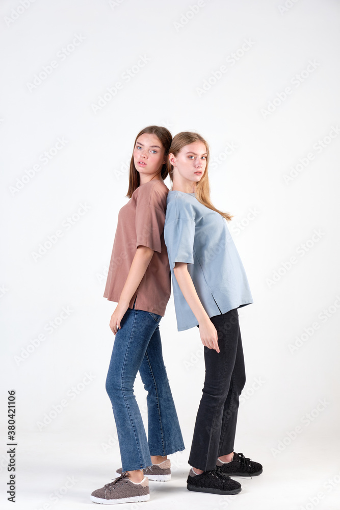 Pair of fashionable models posing in studio in brown and blue casual t-shirts for clothing catalog. Examples of autumn female fashion. Copy space. Concept of internet shopping and online sales. Pair of fashionable models posing in studio in brown and blue casual t-shirts for clothing catalog. Examples of autumn female fashion. Copy space. Concept of internet shopping and online sales.