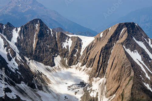 The glaciers, mountains and meadows of the alta val formazza at dawn, during a summer day, near the town of Riale, Italy - July 2020.