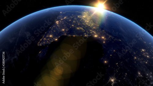 Fototapeta Naklejka Na Ścianę i Meble -  Beautiful Sunset over India. City Lights at Night. Planet Earth from Space. View from Space Satellite. 3d Rendering. Images from NASA.