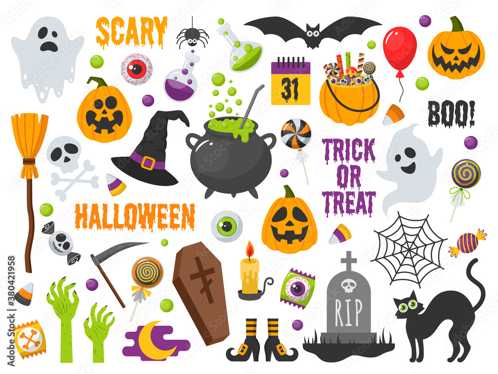 Set of vector characters and icons for Halloween in cartoon style. Traditional elements of Halloween. 