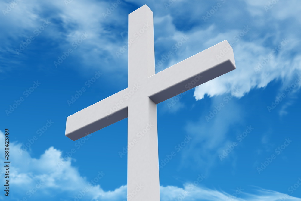 White cross on blue sky background