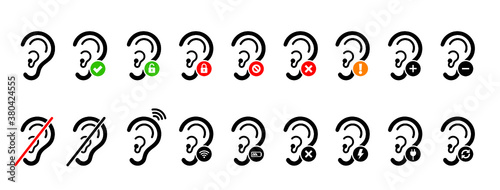 Limited hearing. Deafness symbol and audible sign. Hearing impaired, loss impairment logo. Vector ear pictogram signs. Universal access icon, hard of hearing icons. Assistive listening systems Symbols