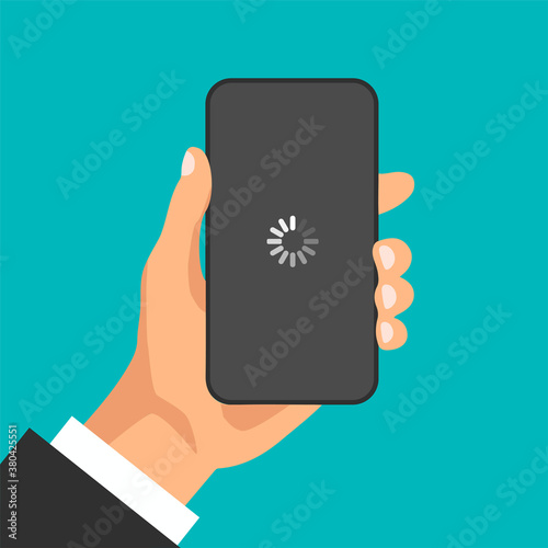 Hand holds phone with loading in progress on a black display. Dark screen with white loading icon. Vector illustration. 