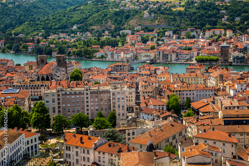 High angle view of city of Vienne and the Rhomne River, France.