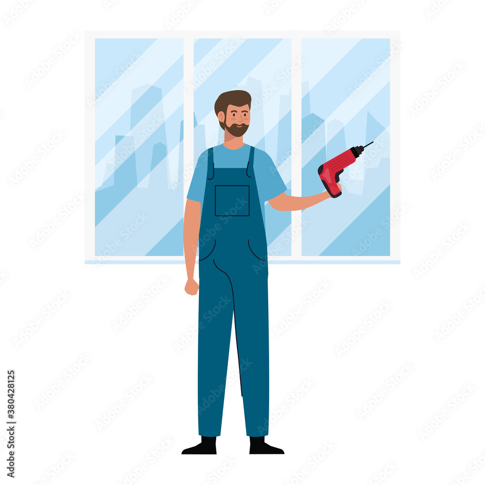 man cartoon with construction drill and window design of working maintenance workshop and repairing theme Vector illustration man cartoon with construction drill and window design of working maintenance workshop and repairing theme Vector illustration