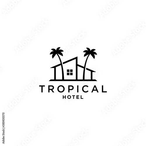 house with palm tree logo vector, tropical beach home or hotel icon design illustration