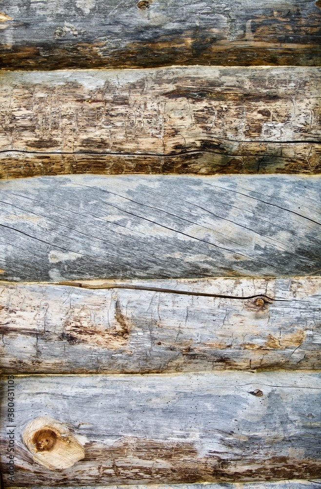 Naklejka premium Pine log walls texture close up. Wooden Log cabin walls made from an arctic pine. The frame of a wooden blockhouse. The wall surface fragment of a log village house. Old pine log wall full frame.