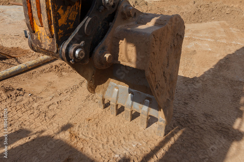 Construction equipment for digging. A bucket of excavator close-up.