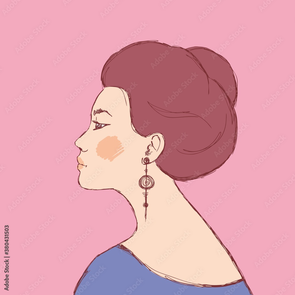 Profile of a woman with dark hair and a full hairstyle. Portrait of asian woman. Beauty salon image. Fashion illustration, hand-drawn, vector. International woman's day. Profile of a woman with dark hair and a full hairstyle. Portrait of asian woman. Beauty salon image. Fashion illustration, hand-drawn, vector. International woman's day.