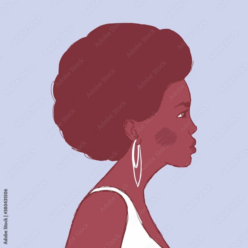 Profile of a woman with dark hair and a full hairstyle. Portrait of african woman. Beauty salon image. Fashion illustration, hand-drawn, vector. International woman's day.