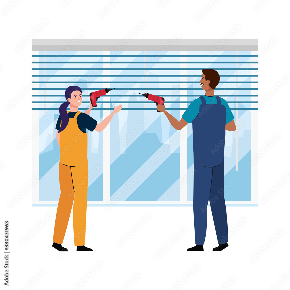 woman and man with construction drills at window design of working maintenance workshop and repairing theme Vector illustration woman and man with construction drills at window design of working maintenance workshop and repairing theme Vector illustration