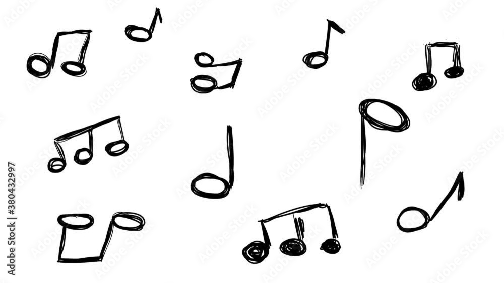 Set of many music notes sketch doodles being animated. Hand-drawn moving scribble on white background.