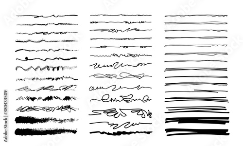 Hand-drawn doodle lines. Freehand dividers, borders, scribbles. Art brushes isolated on white.