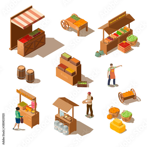 Isometric farmers market with grocery products. Vendors selling fresh healthy vegetables and fruits, narural honey and milk. Agricultural products on stalls. Harvest concept illustration on background