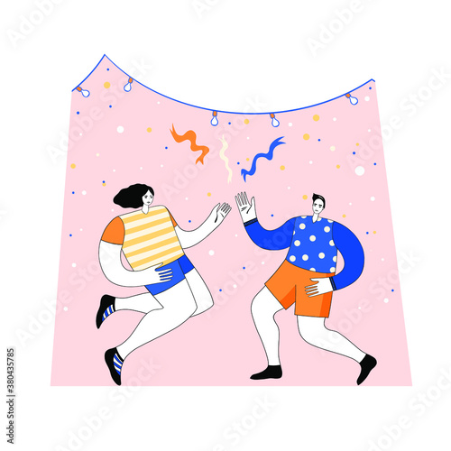 Happy people celebrate an important event. Joyful emotion. Flat vector illustration in cartoon style. Holiday