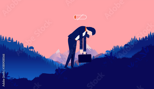 Woman fatigue - Female person walking and fighting her way up hill with low energy, feeling empty, exhausted and tired. Lack of motivation concept. Vector illustration.