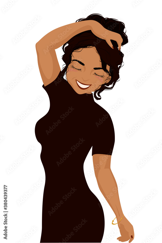 Charming girl in a black dress is standing body half turned with one arm holding her hair. Vector illustration. Can be used as a poster or avatar.