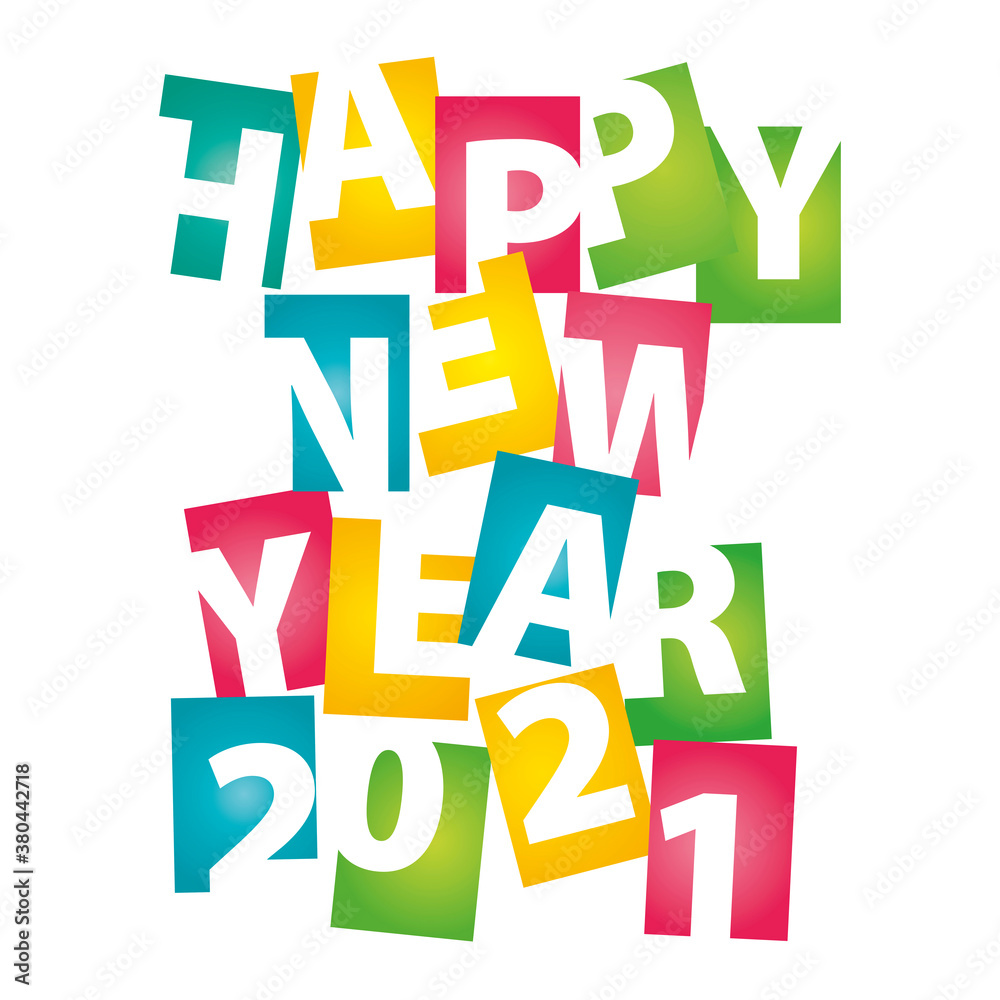 Happy New Year 2021 colorful negative space rectangle letters white background greeting card