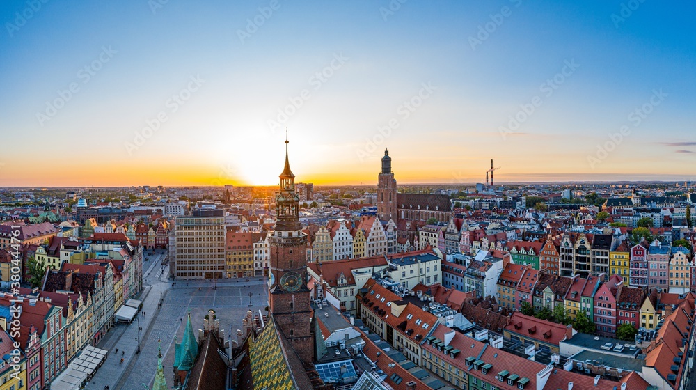 Aerial drone view on Wrocław old town and main square at sunset.