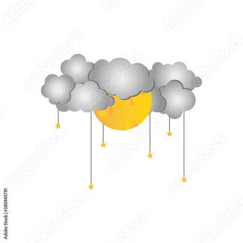 gray clouds full moon and stars hanging, colorful design