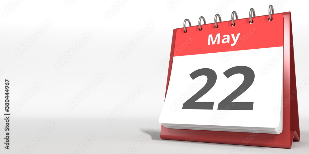 May 22 date on the flip calendar page, 3d rendering May 22 date on the flip calendar page, 3d rendering