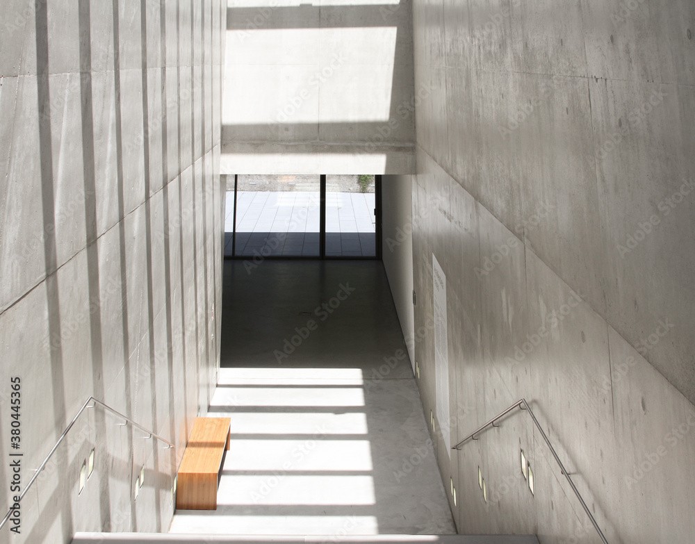 Modern concrete and steel architecture, inside of a building. 