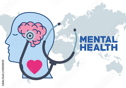 mental health day human profile and heart and stethoscope