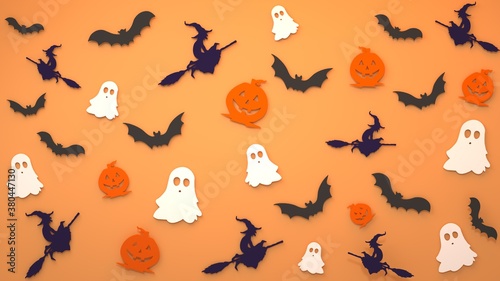 Halloween minimal pattern made with paper ghost, pumpkin, witch and bat. Autumn holiday concept background. Holiday party decoration. 3d rendering
