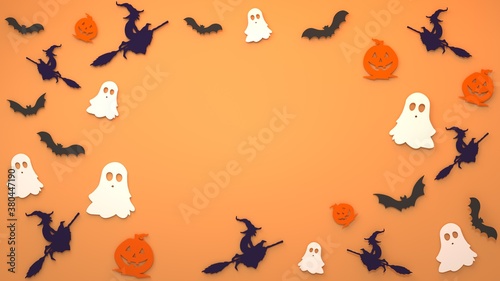 Halloween minimal pattern made with paper ghost, pumpkin, witch and bat. Autumn holiday concept background. Holiday party decoration. 3d rendering
