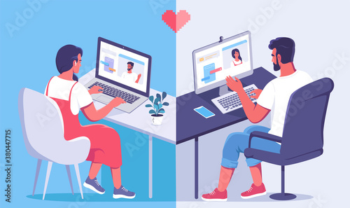 Cute young woman and man online communication. 