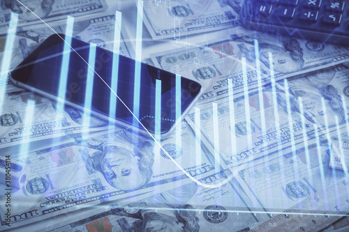 Double exposure of forex graph drawing over us dollars bill background. Concept of financial markets.