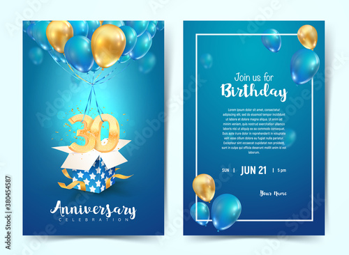 Celebration of 30 th years birthday vector invitation card. Thirty years anniversary celebration brochure. Template of invitational for print on blue background