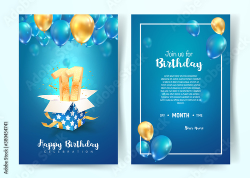 Celebration of 11th years birthday vector invitation card. Eleven years anniversary celebration brochure. Template of invitational for print on blue background
