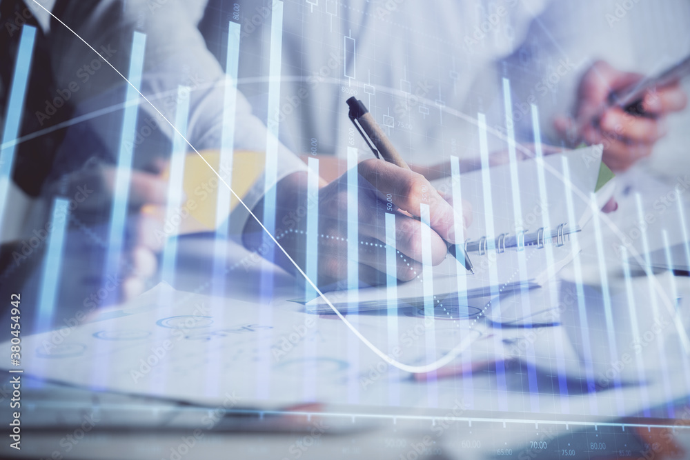 Double exposure of forex graph drawing over people taking notes background. Concept of financial analysis Double exposure of forex graph drawing over people taking notes background. Concept of financial analysis