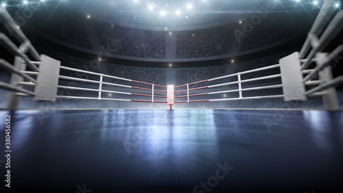 3D boxer arena with viewers. Empty boxing ring under lights. Full tribune. Wide angle. 3D rendering