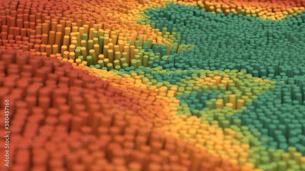 Fototapeta premium Brown, green, yellow cylinders morphing. Landscape concept. Close-up. Abstract illustration, 3d render.
