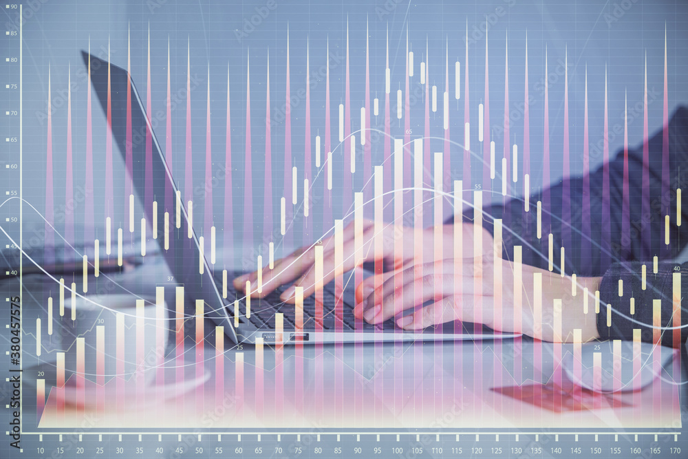 Double exposure of businesswoman hands typing on computer and forex graph hologram drawing. Financial analysis concept. Double exposure of businesswoman hands typing on computer and forex graph hologram drawing. Financial analysis concept.