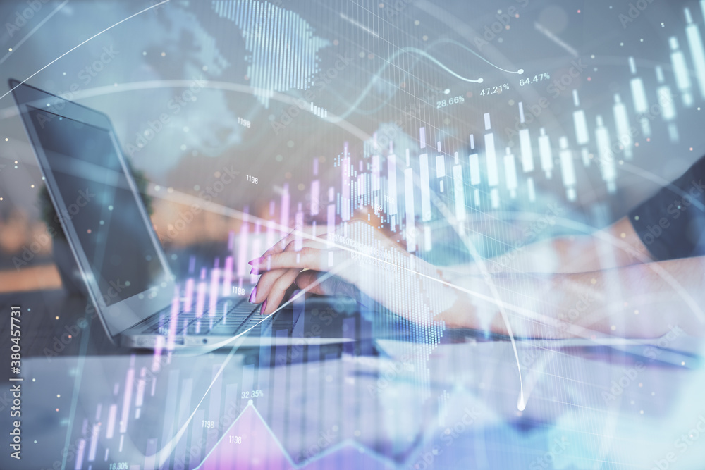 Double exposure of businesswoman hands typing on computer and forex chart hologram drawing. Financial analysis concept. Double exposure of businesswoman hands typing on computer and forex chart hologram drawing. Financial analysis concept.