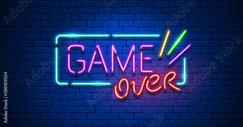 Game Over. Neon Text Sign with a Brick Wall Background. Design template. Trendy Night neon signboard bright advertising banner light art. Vector illustration.